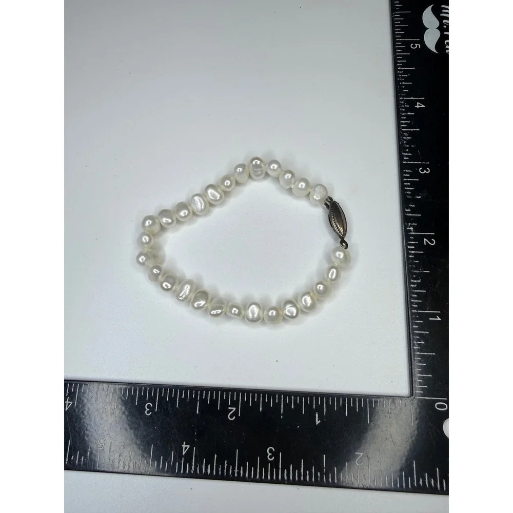White Freshwater Cultured Pearl Bracelet Baroque Silver Tone Filigree Clasp